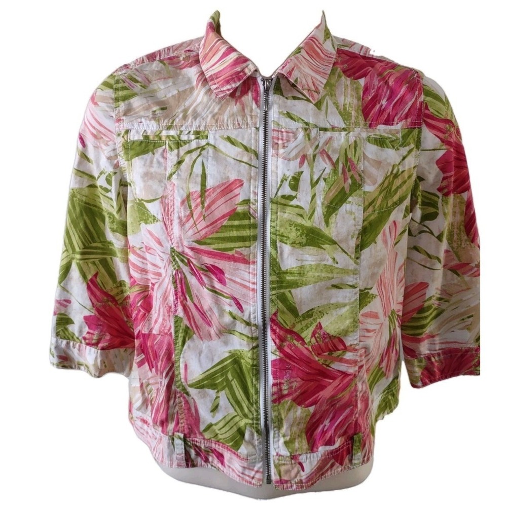 Chico's Jacket Ladies Womens 2 Stretch Cotton Pockets Flowered Full Zip Collar